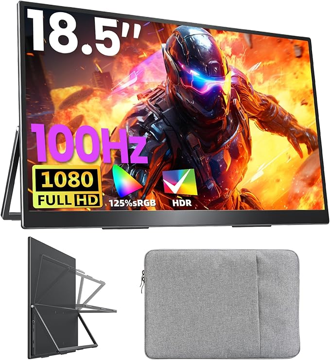 Portable Monitor 18.5 inch FHD 125% sRGB 100Hz IPS HDR HDMI USB-C Travel Monitor for Laptop MacBook PC Surface PS5 Xbox Large External Display with Kickstand &amp Speakers VESA Compatible