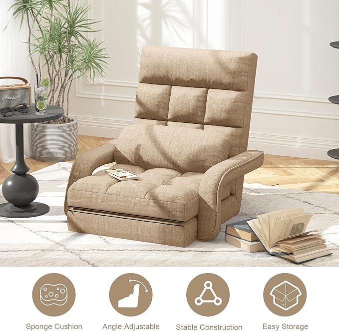 Floor Gaming Chair for Adults 6-Position Adjustable Chaise Lounge Chair with Meditation Arm Foldable Lazy Sofa with Pillow Comfy Chair Indoor for Bedroom Dorm Living Room Beige