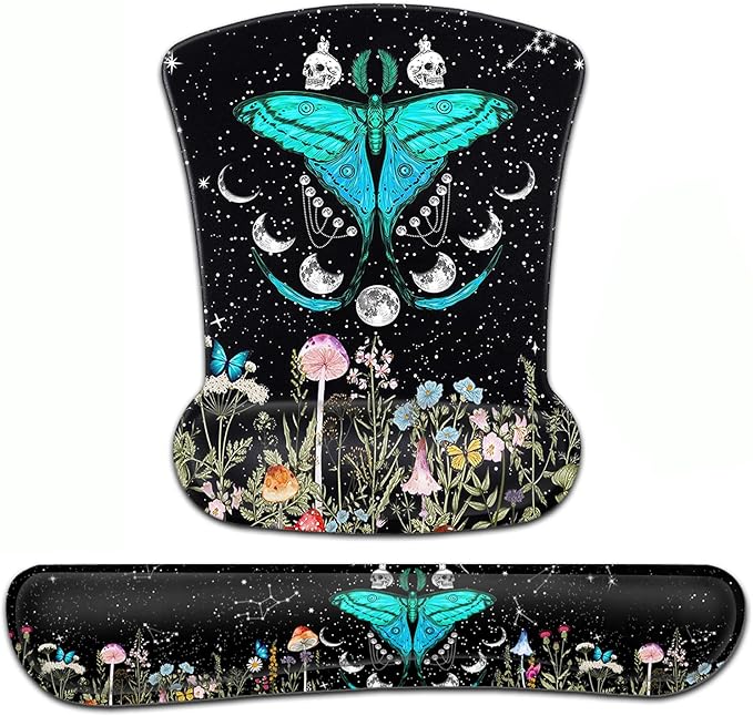 Keyboard Wrist Rest and Mouse Pad with Wrist Support Ergonomic Gel Mouse Padfor Easy Typing Pain Relief Memory Foam Keyboard Wrist RestMoth Moon Phase Witchy Black Mousepads Desktop Accessories