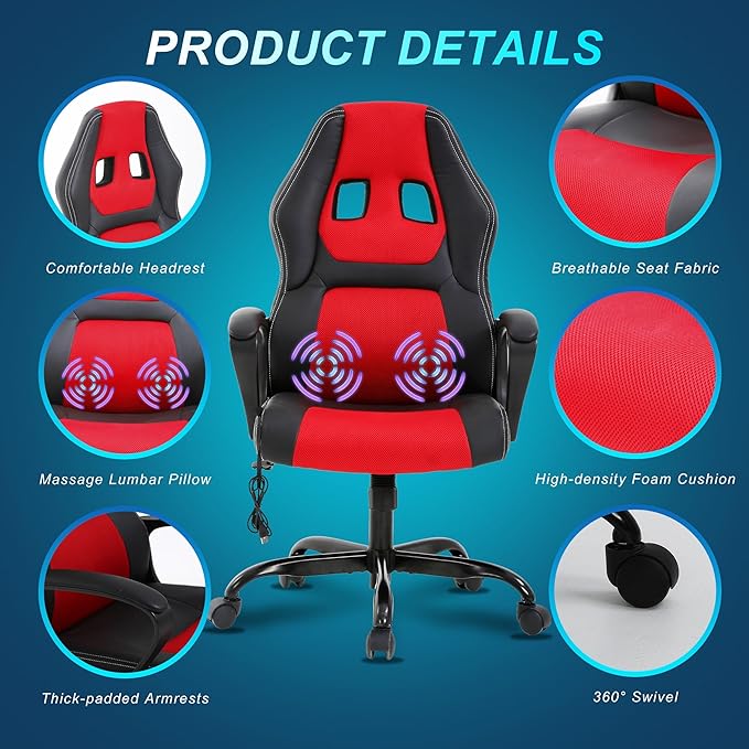 Silla Gamer Ergonomic Massage Gaming Chair - Leather Racing Style Comfortable for Adults &amp Kids - Red