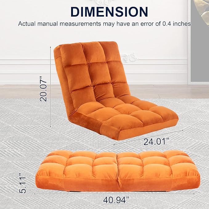 Floor Chair 24 inches Wide Oversized Velvet Armless Lay Flat Floor seat Padded Meditation Chair with 6 Adjustable Position Ergonomic Comfortable Convenient(LRSF-007-ORANGE)