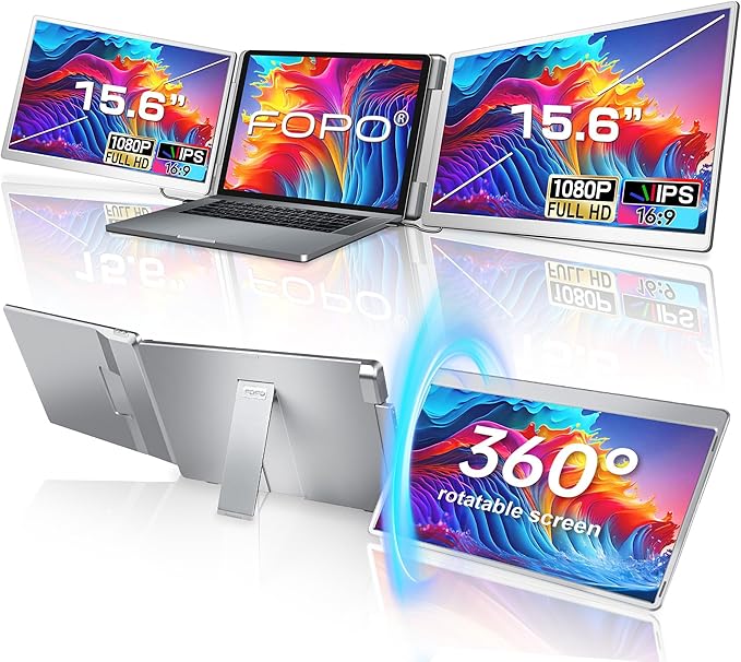 FOPO 15.6 Triple Laptop Screen Extender Left Screen 360° Rotation Laptop Monitor Extender Plug and Play Triplp Monitor for 13-17 Laptops with USB-C/HDMI for Windows/Mac(M1/M2/M3) Pro/Max - S10