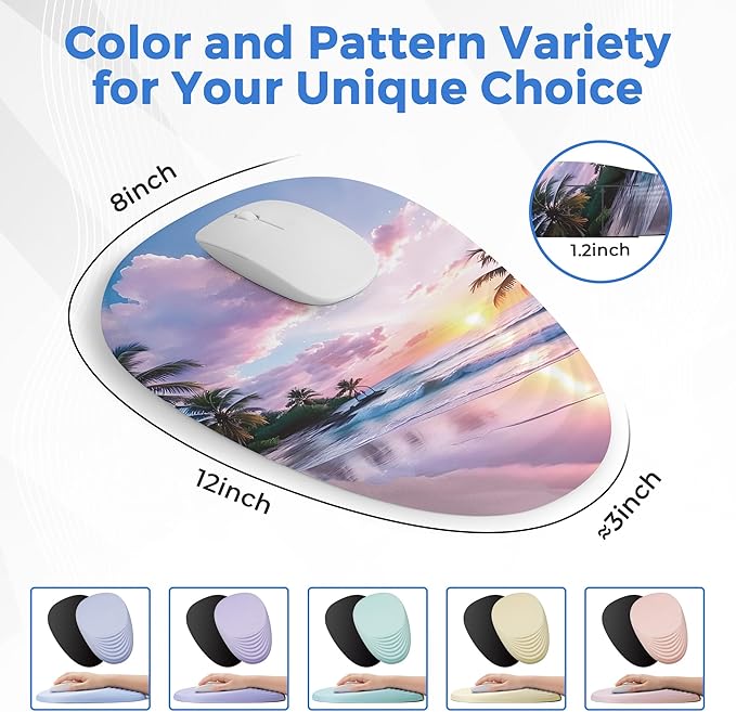 Ergonomic Mouse Pad with Wrist Support Memory Foam Wrist Rest for Pain Relief &amp Carpal Tunnel Non-Slip Base for Office Computer PC Laptop (12x8x1.2inch Sunset Beach)