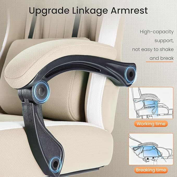 Sweetcrispy Computer Gaming Chair - High Back Ergonomic Desk Chair with Footrest and Lumbar Support Height Adjustable Task Chair with Linkage Armrests and Headrest 360°Wheels Fabric Khaki