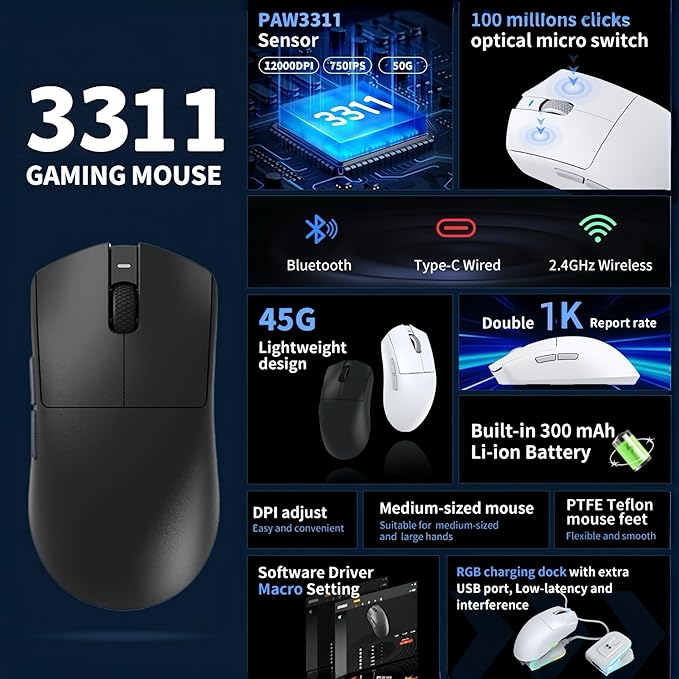 Tri-Mode Wireless Gaming Mouse with RGB Charging Dock 45g Ultra-Light PAW3311 Sensor 12000 DPI 2.4G Dongle + Bluetooth + USB-C Wired 1K Polling Rate Programmable Gaming Mouse for PC Mac Laptop