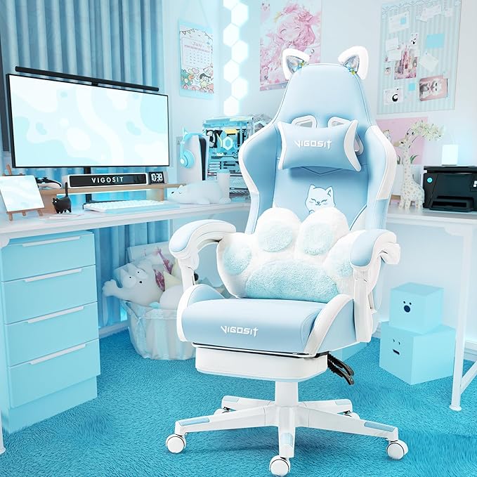 Cat Ears Gaming Chair - Ergonomic PU Leather Office Chair Cute Chair with Footrest for Adult 310lbs Capacity 90°-155° Reclining paw Pillow Blue