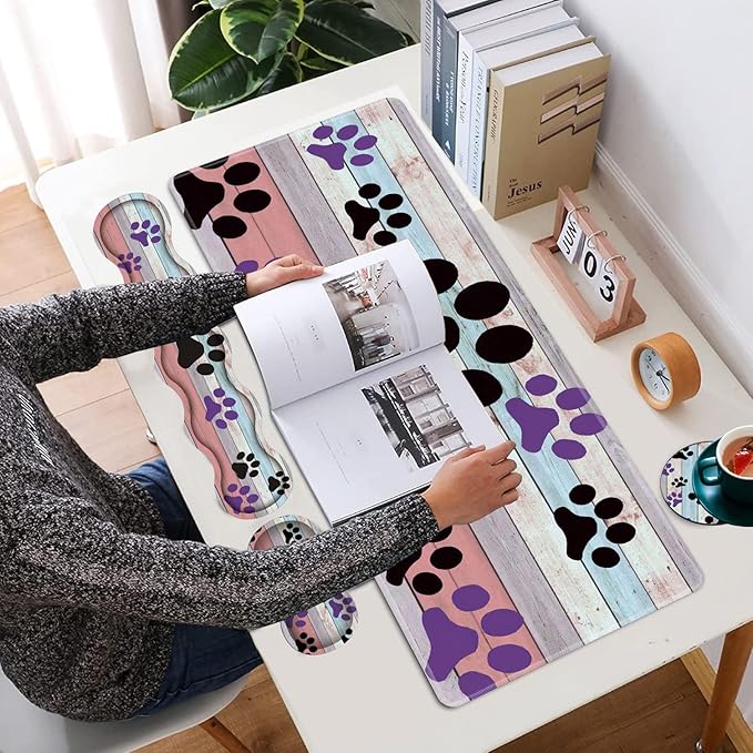 Large Gaming Mouse Pad Keyboard Wrist Rest + Mouse Wrist Pad + Coaster Combination Set Memory Sponge Non-Slip Base. Suitable for Office and Home Rainbow Wood Grain Black and Purple Dog paw