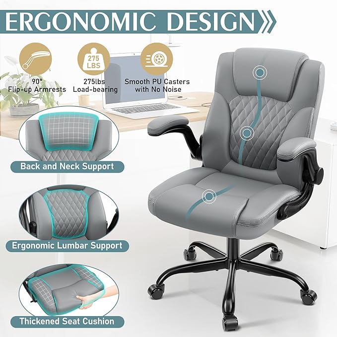 Leather Office Chair Ergonomic Back Support PU Home Office Desk Chair - 360° Free Swivel Compact Gaming Chair with Rolling Wheels &amp Adjustable Armrests