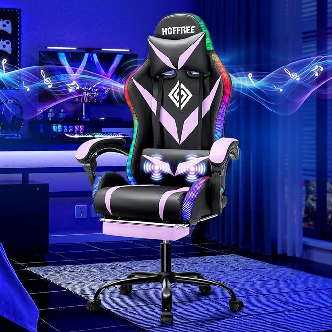 HOFFREE Gaming Chair Massage with Bluetooth Speakers and Led Lights Ergonomic Computer Gaming Chair with Footrest RGB Video Game Chair with High Back Lumbar Support Purple and Black