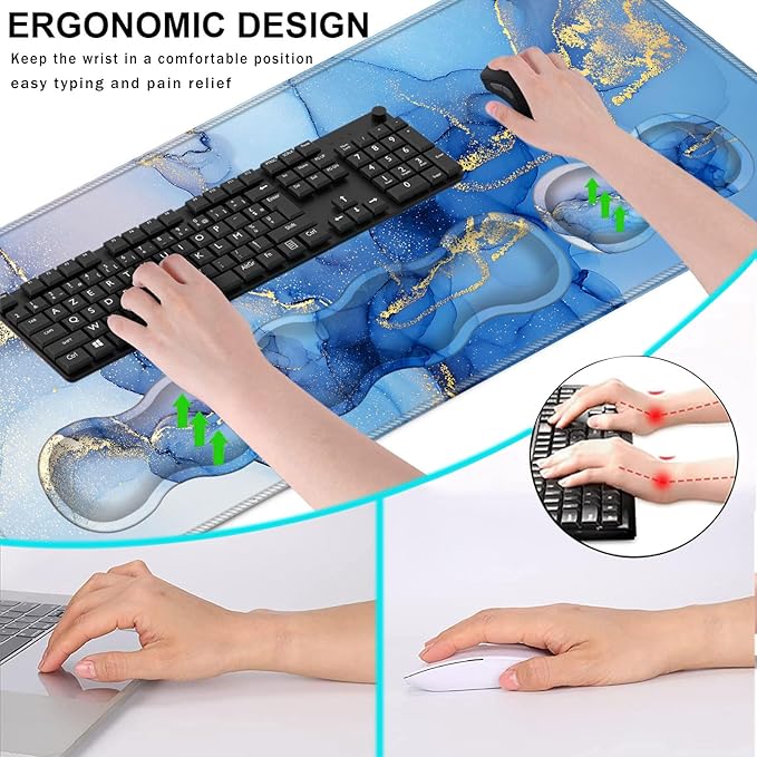 Keyboard Wrist Rest and Mouse Pad with Wrist Support Set Ergonomic CoasterMemory FoamEasy Typing Pain ReliefLarge XL Desk Mat 31.5x 11.8Marble Texture