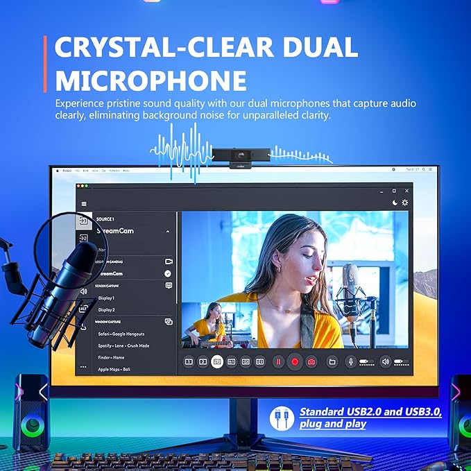 Desk Mate - Hybrid HDR Streaming Webcam with AutoFocus &amp Tracking HD 1080p Noise Reduction Software Control for Google Gemini