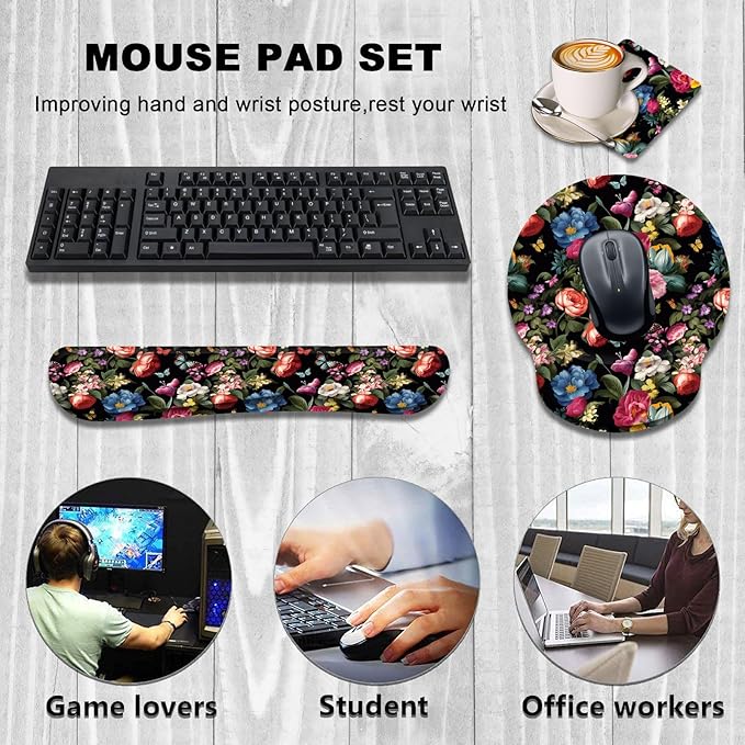 Keyboard Wrist Rest and Mouse Wrist Rest Pad with Cup CoasterMade of Memory FoamErgonomic SupportEasy-Typing and Pain Relieffor Gaming Office Home ComputerButterfly Flower