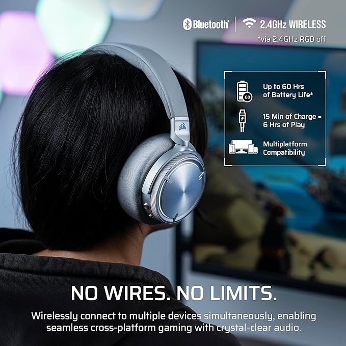 Corsair Virtuoso MAX Wireless Gaming Headset – Dolby Atmos Active Noise Cancelling Sonarworks SoundID Simultaneous 2.4GHz Wireless &amp Bluetooth 50mm Graphene Drivers PC Mac PS5/PS4 – Silver