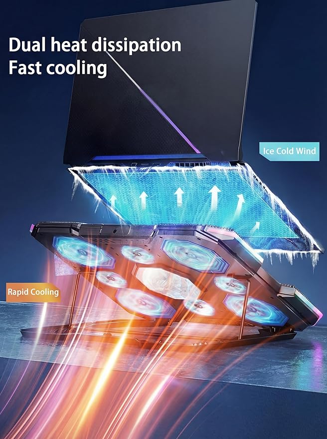 8-Fan Laptop Cooling Pad with Thermoelectric Cooler 5-Speed Independent Control 10 RGB Lights 7-Height Adjustable Metal Panel Laptop Cooler for 15.6-21 Inch Gaming Laptops