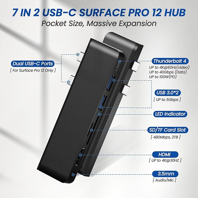 Surface Pro 12 Docking Station Hub Surface Pro 12 Accessories with 4K HDMI USB-C Thunerbolt 4 (4K60Hz Video+Data+100W PD) 3.5mm Audio SD/TF 2*USB 3.0 Hub for Microsoft Surface Pro 12 inch 2025