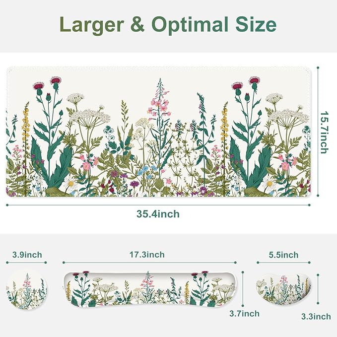 Desk Mat Pad Gaming Mouse Pad Wrist Support Set 4 in1 Non-Slip XXL Large Mousepad + Ergonomic Keyboard Wrist Rest+Mouse Wrist Rest+Coaster for Home Office Computer I Vintage Wildflower Garden