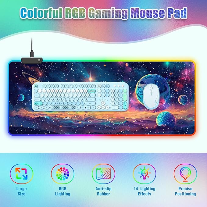 RGB Mousepad Led Mouse Pad Desk Mat I 31.5 x 11.8 Inch Large Mouse Pad I XL Oversized Big Mouse mat 14 Led Light Modes I Anti-Slip Rubber Base Waterproof Keyboard Pad for PC Gaming I Colorful Planet