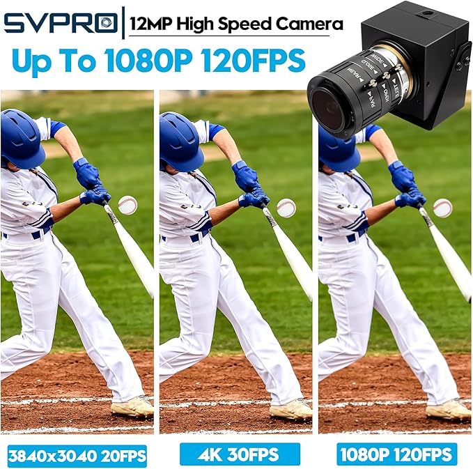 SVPRO 1080P 120fps High Speed USB Camera12 Megapixels 4K Glof Swing Webcam Manual Focus with 3X Optical ZoomIndustrial Lightburn Cam UVC Plug and Play for Computer Laptop Raspberry Pi
