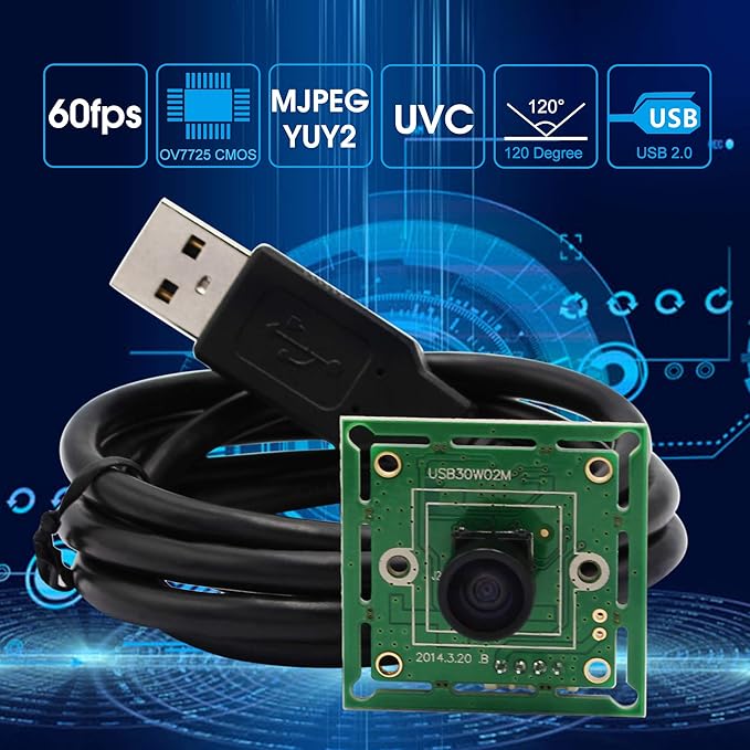 ELP VGA Super Mini Wide Angle USB Camera Module with 120degree Lens High Speed 480P 60fps UVC USB2.0 Video Webcam Board OV7725 Embedded Industrial PC Camera for Laptop Raspberry Pi Jetson Nano