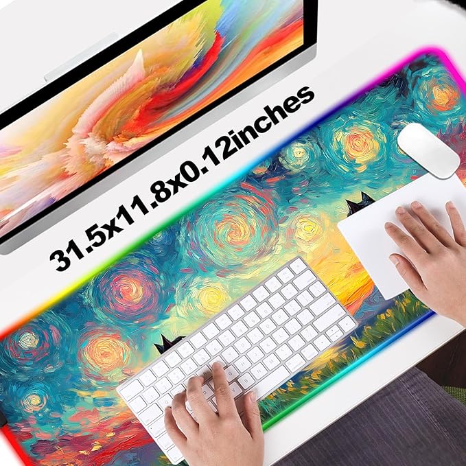 RGB Cute Black Cat Fantasy Starry Night Gaming Desk Mat Computer Keyboard Large Extended Long Animal LED Mouse Pad for Office and Home XL (W03)