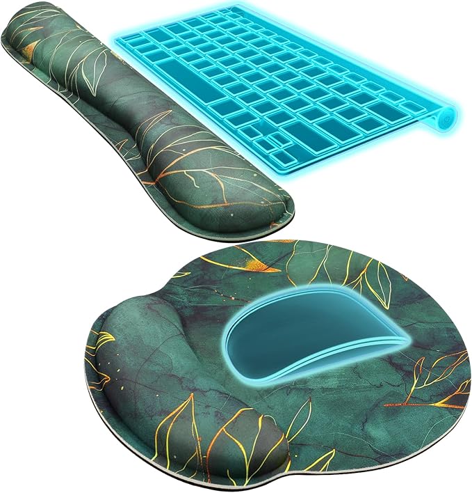 KTRIO Ergonomic Keyboard Wrist Rest Memory Foam Mouse Pad with Wrist Rest for Computer Keyboard Mouse Pad Set for Easy Typing &amp Pain Relief for Office &amp Home Green Leaves