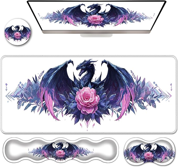 Ergonomic Keyboard Wrist Rest &amp Mouse Pad Wrist Rest SetXL Gaming Desk Mat 31.5x 11.8Non-Slip BaseMemory FoamEasy Typing Pain Relief for Office &amp HomeBlue Dragon with Pink Rose
