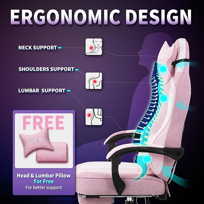 Gaming Chair Fabric Ergonomic Computer Chair with Footrest Video Gamer Chair with Pocket Spring CushionLinkage Armrests and Headrest Lumbar SupportSwivel Height Adjustable Office Chair for Adults