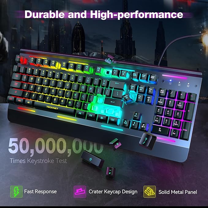 TECKNET Gaming Keyboard USB Wired Computer Keyboard 15-Zone RGB Illumination IP32 Water Resistance 25 Anti-ghosting Keys All-Metal Panel (Whisper Quiet Gaming Switch)