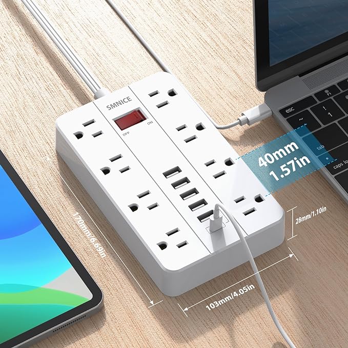 Power Strip with USBSurge Protector Flat Plug with 8 Widely Spaced Outlets and 6 USB Ports(1 USB C) 5ft Extension Cord Wall Mountable Phone Tablet Laptop Computer Multiple Devices