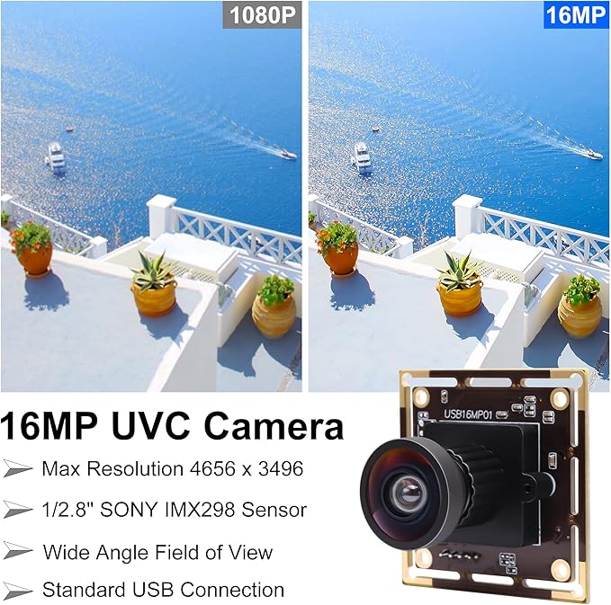 SVPRO 16MP Wide Angle USB Camera for ComputerUSB Camera Module 1/2.8 CMOS IMX298 UVC 3D Printer Camera Video WebcamUSB Industrial Camera Module with 3.3ft/1m Cable