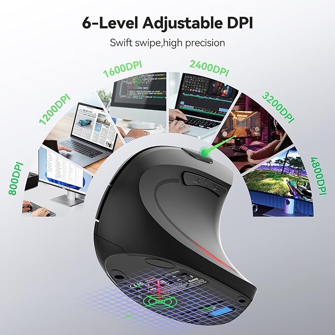 TECKNET Ergonomic Mouse Jiggler Bluetooth Wireless Vertical Mouse 4800 DPI Silent Mouse with 6 Adjustable DPI Levels 2.4GHz (USB A &amp C) Mouse 6 Buttons Computer Mice - Wide Compatibility