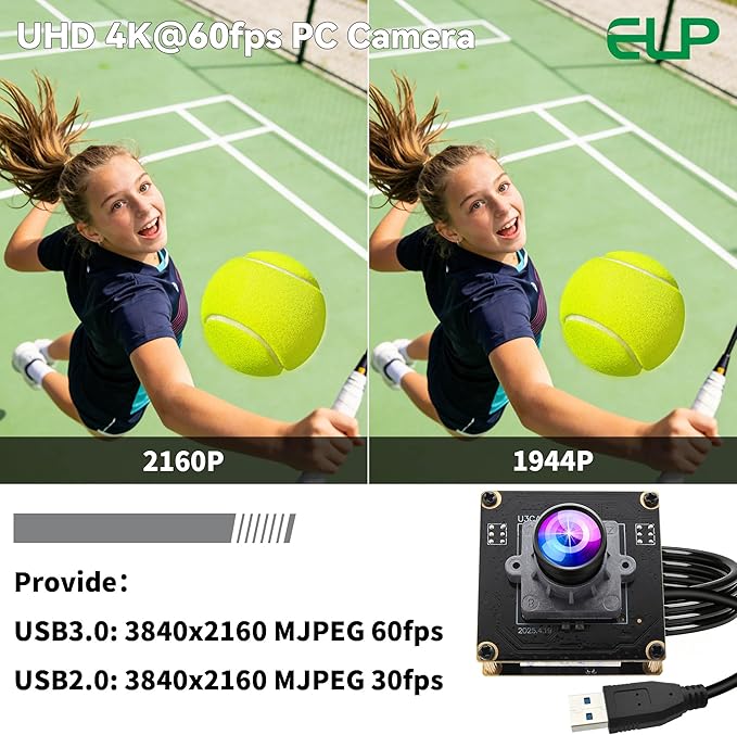 ELP High Speed 4K 60FPS USB Camera Module for Computer Mini UVC 2160P USB3.0/2.0 Lightburn Cameras for Windows Linux Mac Pi Wide Angle 100°(H) IMX678 Webcam Board for PC Laptop Jetson Nano