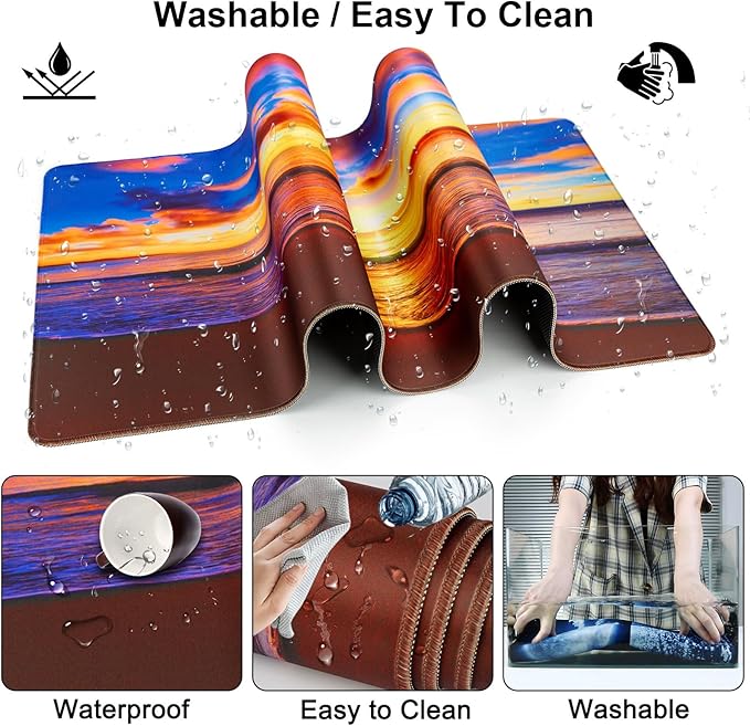 Mouse Pad + Desk Mat + Keyboard Wrist Rest + Coaster 4 in 1 Set Cute Ergonomic Large Gaming Mousepad with Wrist Rest Support Desk Pad for Computer Laptop Office Home Decor-Sunset Beach