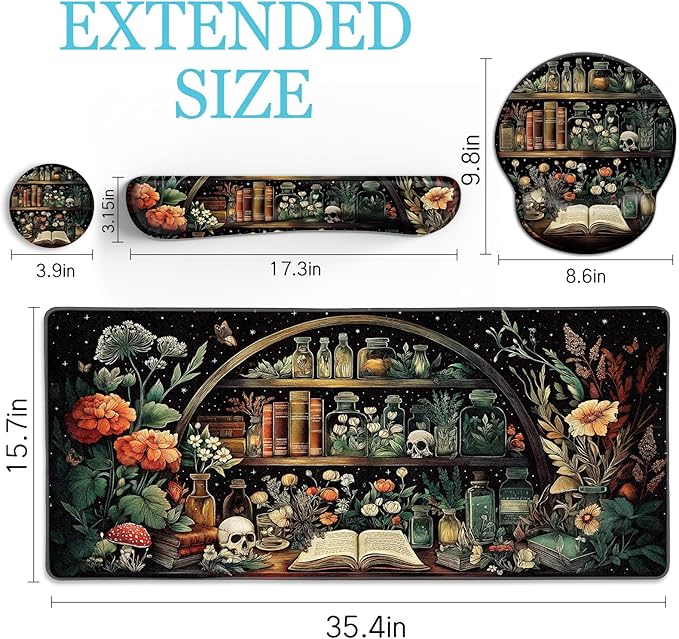 Goth Skull Mouse Pad Set Large Desk Mat for Desktop Ergonomic Mouse Pad with Wrist Rest for Gaming Keyboard Mat Wrist Support Cup Coaster Set Gothic Office Desk Accessories Decor Supplies
