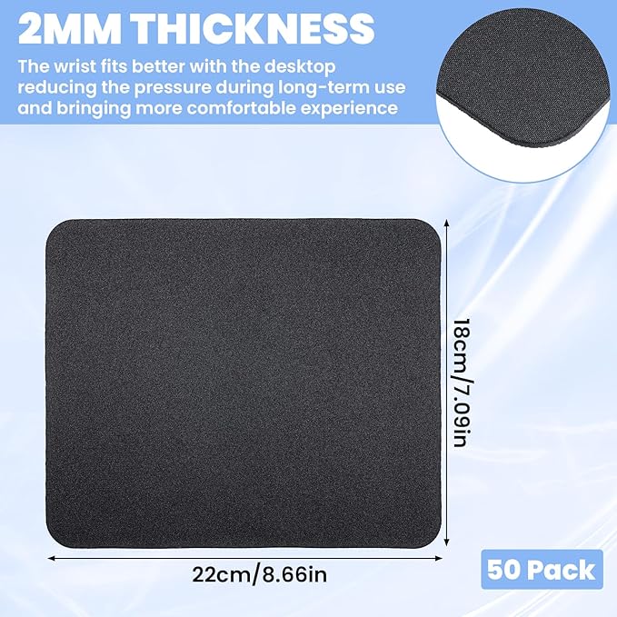50 Pack Mouse Pads Bulk - Black Mouse Pad Set 8.66 x 7.09 Inches with Non-Slip Rubber Base for Computer Laptop Gaming Office Home Use (0.08 Inch Thickness)