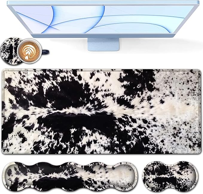 Desk Pad Keyboard Mouse Pad Set Extended Gaming Mouse Pad+ Ergonomics Memory Foam Wrist Rest Support 31.5x15.7in Large Mouse Pad with Stitched Edges Cute Black White Cowhide Fur XXL Mouse Mat