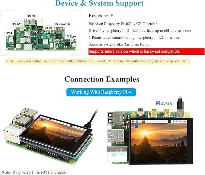 2.8inch DPI LCD Screen Compatible with Raspberry Pi 5/4B/3B+/3B/3A+/Pi Zero/Zero W/WH/Zero 2W 480x640 Resolution IPS Display 5-Points Capacitive Touch Control Optical Bonding Toughened Glass Cover