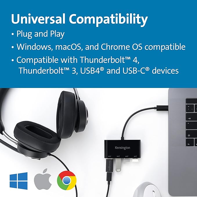 Kensington CH1200 USB-C 10Gbps 4-Port Hub USB Type C to USB Adapter with 4 USB 3.0 Compatible with Thunderbolt 4 Thunderbolt 3 USB4 and USB-C Devices (K33616WW)