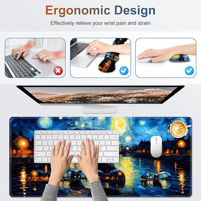 Desk Mat Gaming Mouse Pad Cute Desk Matt Keyboard Wrist Rest for Desktop Anti-Slip Mousepad Stitched Edges XXL Large Mouse Pad with Wrist Support for Home Office I Van Gogh Starry Night Cat