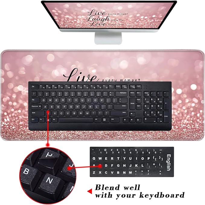 Keyboard Wrist Rest and Mouse Pad with Wrist Support Set Ergonomic CoasterMemory FoamEasy Typing Pain ReliefLarge XL Desk Mat 31.5x 11.8Rose Gold Glitter Quote Live Laugh Love