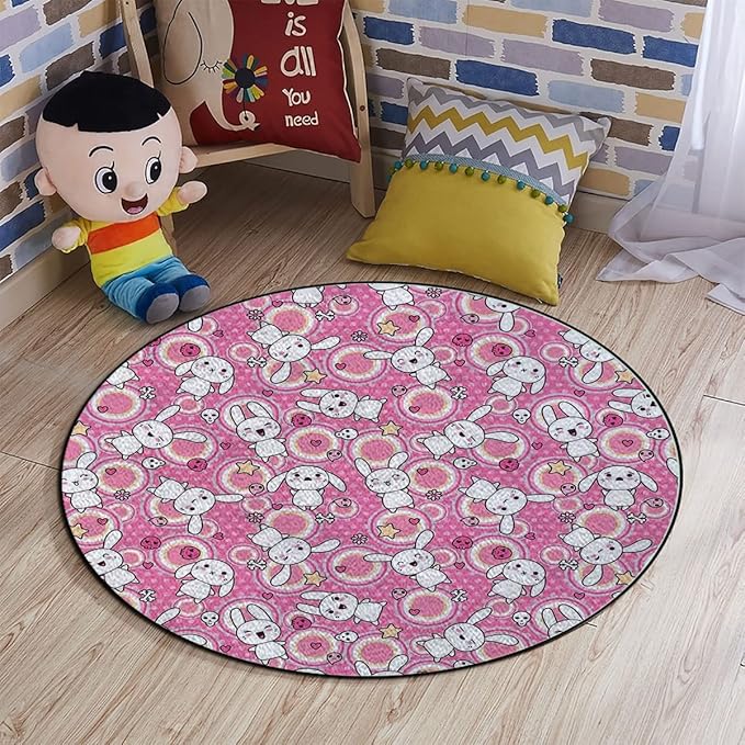 White Pink Office Chair Mat Rabbits Funky Animals Bunnies Kids Humor Print Non Slip Round Floor Mat for Hardwood Floor and Protector for Rolling Chair Anime Diameter 48 in