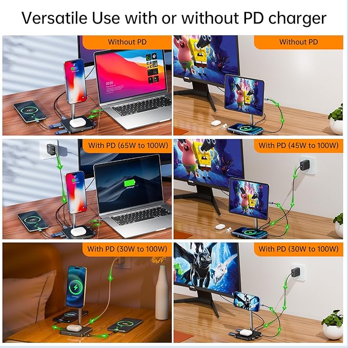 Laptop Docking Station 10-in-1 with Wireless Charger Phone Stand USB-C Hub for MacBook/Dell/HP Laptops(with USB-C Port 3.0 or higher) Cordless Charging Stand for iPhone 12/13/14/15/16 Series/AirPods