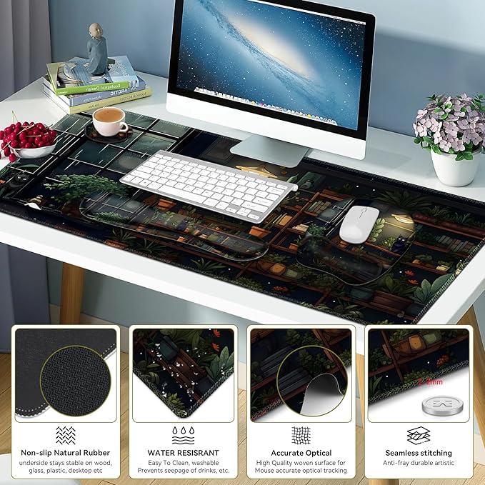 Aesthetic Green Plant Books Mouse Pad with Wrist Support 4 in1 Set XXL Big Game Mousepad + Keyboard Wrist Rest + Mouse Wrist Rest Pad +Coaster Gaming Mat for Work Study I Japanese Anime Lofi Cat