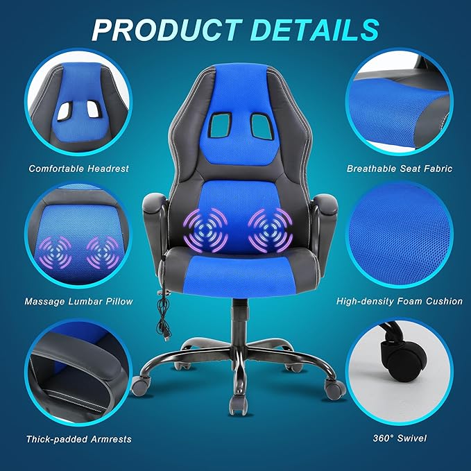 Silla Gamer Ergonomic Massage Gaming Chair - Blue Leather Desk Chair for Adults and Kids