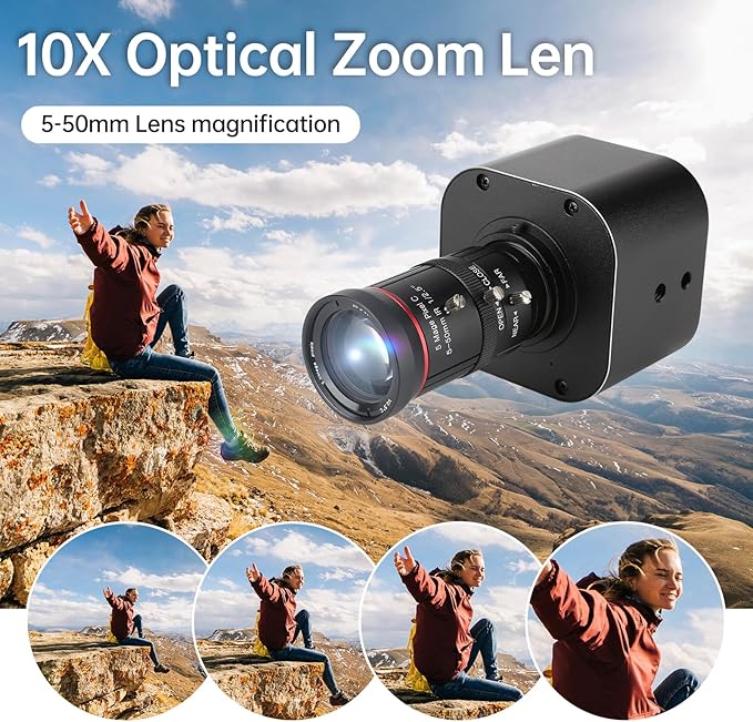USB HD Camera 4K Optical Zoom 10X Variable Lens 5-50mm Mini 8MP Webcam with Microphones 1920x1080@60fps Manual Focus with 2 Image Formats MJPEG and YUY2 Compatible with Windows
