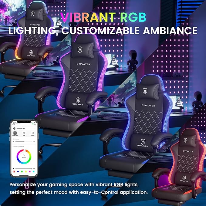 GTPLAYER RGB Gaming Chair with Footrest Massage LED Lights Lumbar Support - Ergonomic Computer Chair with Linkage Armrest Video Game Chairs PC Game Chairs for Adults