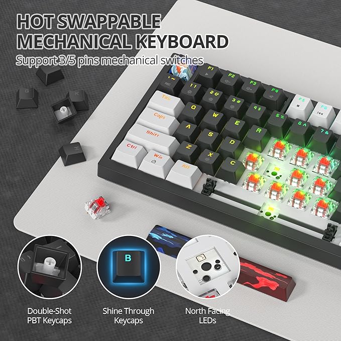 75% Mechanical Gaming Keyboard - Hot Swappable RGB Backlit Custom Keyboard with Knob Gasket Mount USB Wired 82 Keys (White Black Linear Red Switch)