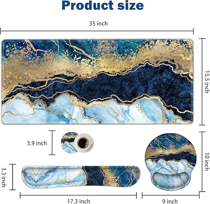 ARTSO Large Mouse Pad Ergonomic Keyboard Wrist Rest Support Set Memory Foam Gel Wrist Pad Extended Desk Mat Protector Non-Slip Desk Blotter Blue Marble