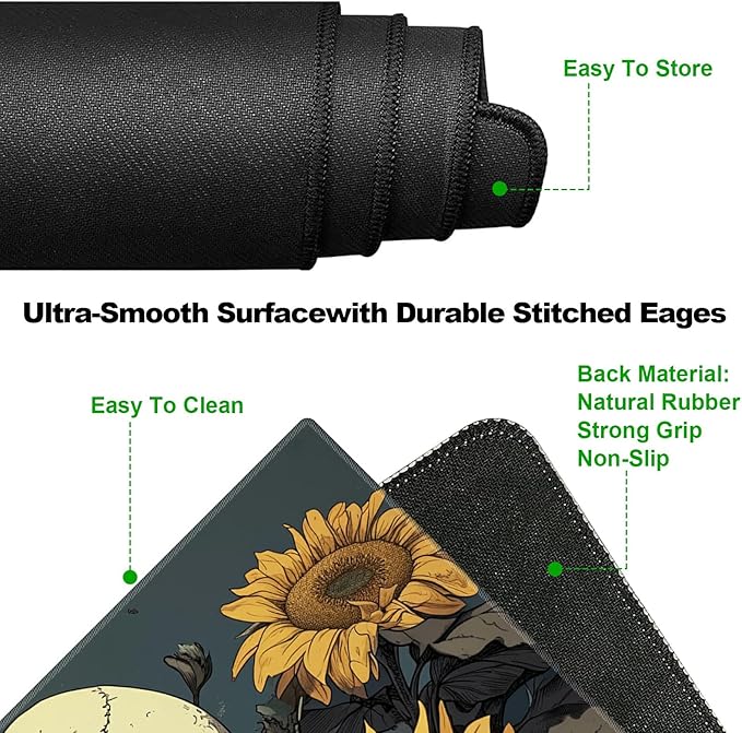 Ergonomic Desk Pad Mat &amp Keyboard Wrist Rest Set 3-in-1 Office Mouse Pad with Memory Foam Support Non-Slip Computer Blotter for Home Gaming &amp Writing 23.6 x 11.8 Sunflower Skull