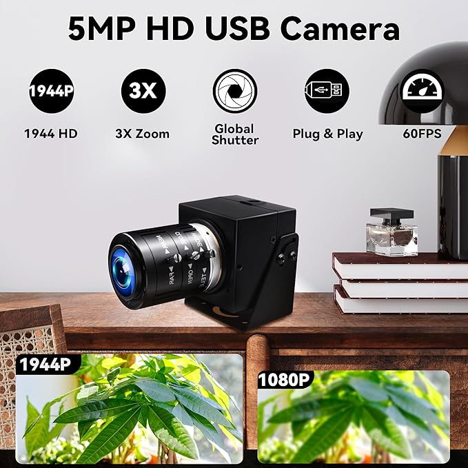 MMlove 5MP USB Webcam Manual Zoom Camera with 3.6-10mm Lens1944P 50fps Global Shutter High Speed Camera 3X Optical ZoomPlug and Playfor Windows/Mac/Linux/Android Conferencing/Streaming